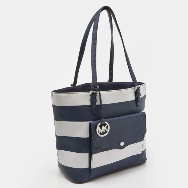 Pre Owned MICHAEL Michael Kors Blue/White Stripe Leather Jet Set Snap Pocket Tote