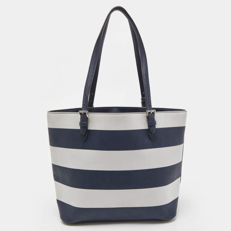 Pre Owned MICHAEL Michael Kors Blue/White Stripe Leather Jet Set Snap Pocket Tote