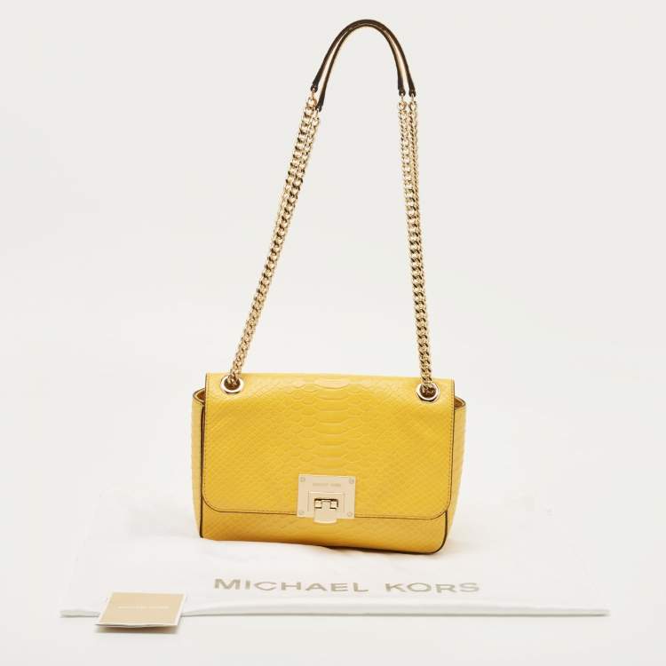 Pre Owned MICHAEL Michael Kors Yellow Python Embossed Leather Flap Shoulder Bag