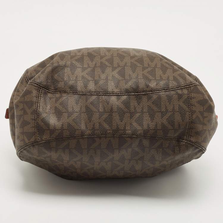 Pre Owned MICHAEL Michael Kors Dark Brown Signature Coated Canvas and Leather Fulton Hobo