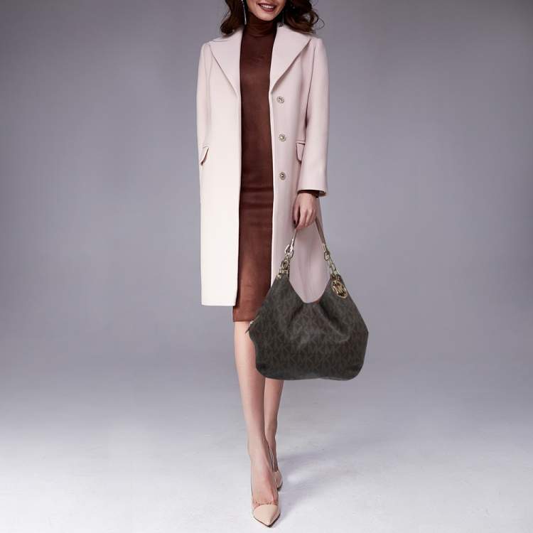 Pre Owned MICHAEL Michael Kors Dark Brown Signature Coated Canvas and Leather Fulton Hobo