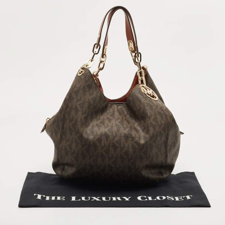 Pre Owned MICHAEL Michael Kors Dark Brown Signature Coated Canvas and Leather Fulton Hobo