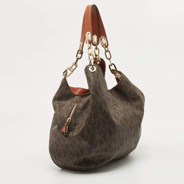 Pre Owned MICHAEL Michael Kors Dark Brown Signature Coated Canvas and Leather Fulton Hobo