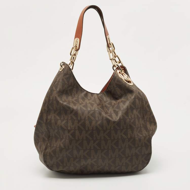 Pre Owned MICHAEL Michael Kors Dark Brown Signature Coated Canvas and Leather Fulton Hobo