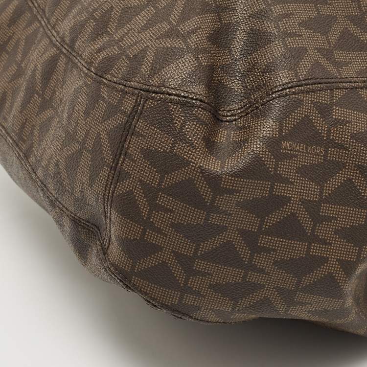 Pre Owned MICHAEL Michael Kors Dark Brown Signature Coated Canvas and Leather Fulton Hobo