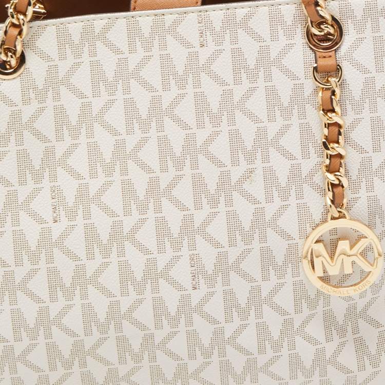 Pre Owned MICHAEL Michael Kors Vanilla/Brown Signature Coated Canvas and Leather Tote