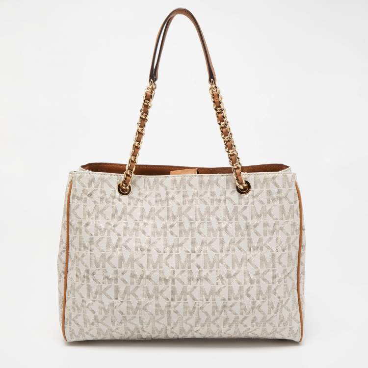 Pre Owned MICHAEL Michael Kors Vanilla/Brown Signature Coated Canvas and Leather Tote
