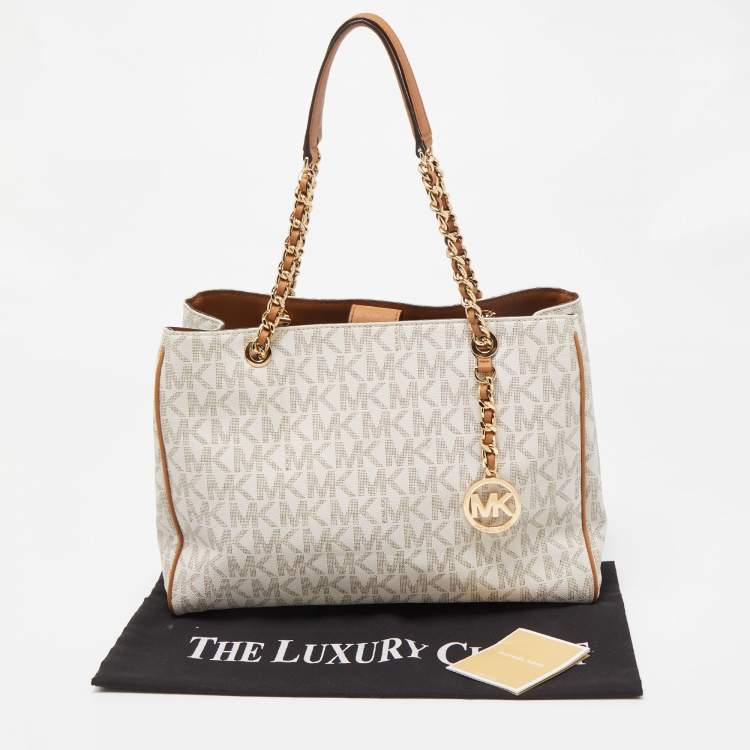 Pre Owned MICHAEL Michael Kors Vanilla/Brown Signature Coated Canvas and Leather Tote