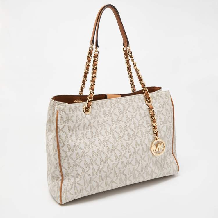 Pre Owned MICHAEL Michael Kors Vanilla/Brown Signature Coated Canvas and Leather Tote