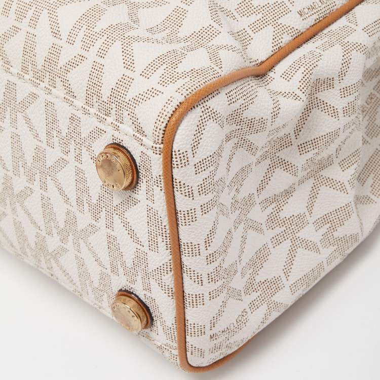 Pre Owned MICHAEL Michael Kors Vanilla/Brown Signature Coated Canvas and Leather Tote
