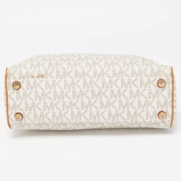 Pre Owned MICHAEL Michael Kors Vanilla/Brown Signature Coated Canvas and Leather Tote