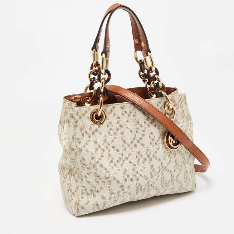 Pre Owned MICHAEL Michael Kors White/Brown Signature Coated and Leather Canvas Cynthia Tote