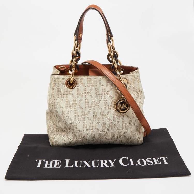 Pre Owned MICHAEL Michael Kors White/Brown Signature Coated and Leather Canvas Cynthia Tote