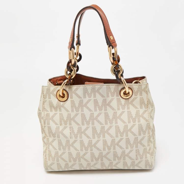 Pre Owned MICHAEL Michael Kors White/Brown Signature Coated and Leather Canvas Cynthia Tote