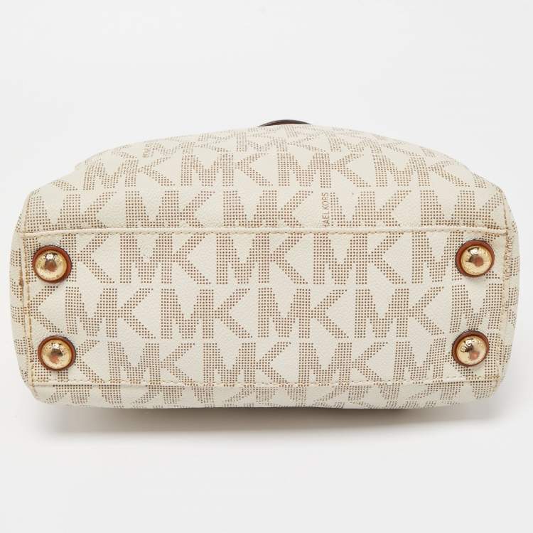 Pre Owned MICHAEL Michael Kors White/Brown Signature Coated and Leather Canvas Cynthia Tote