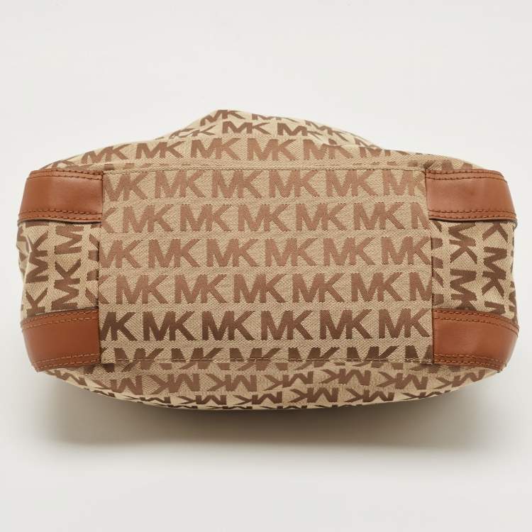 Pre Owned MICHAEL Michael Kors Beige/Brown Signature Canvas and Leather Sided Pocket Bag