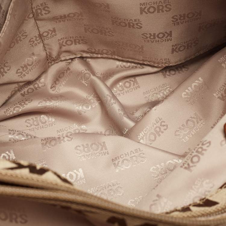 Pre Owned MICHAEL Michael Kors Beige/Brown Signature Canvas and Leather Sided Pocket Bag
