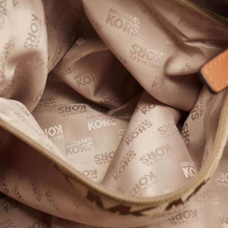 Pre Owned MICHAEL Michael Kors Beige/Brown Signature Canvas and Leather Sided Pocket Bag