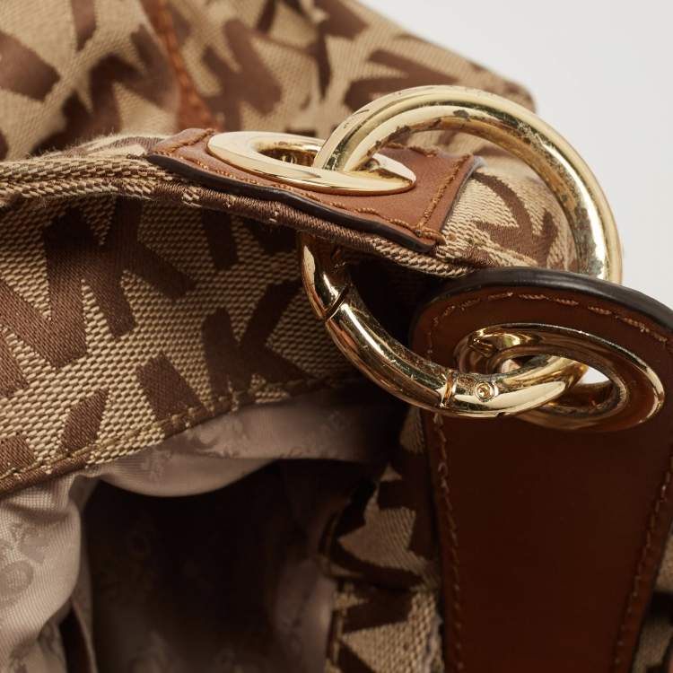 Pre Owned MICHAEL Michael Kors Beige/Brown Signature Canvas and Leather Sided Pocket Bag