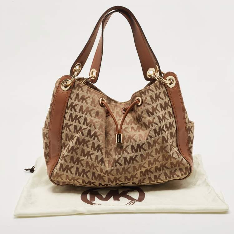 Pre Owned MICHAEL Michael Kors Beige/Brown Signature Canvas and Leather Sided Pocket Bag