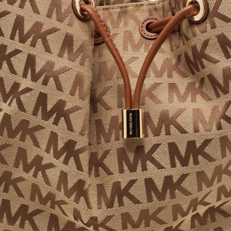 Pre Owned MICHAEL Michael Kors Beige/Brown Signature Canvas and Leather Sided Pocket Bag