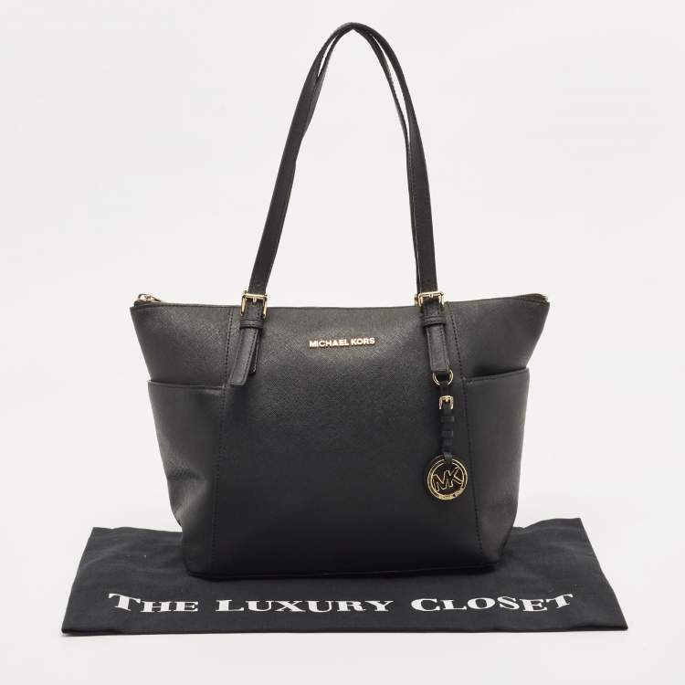 Pre Owned MICHAEL Michael Kors Black Saffiano Leather Jet Set Top Zip Tote