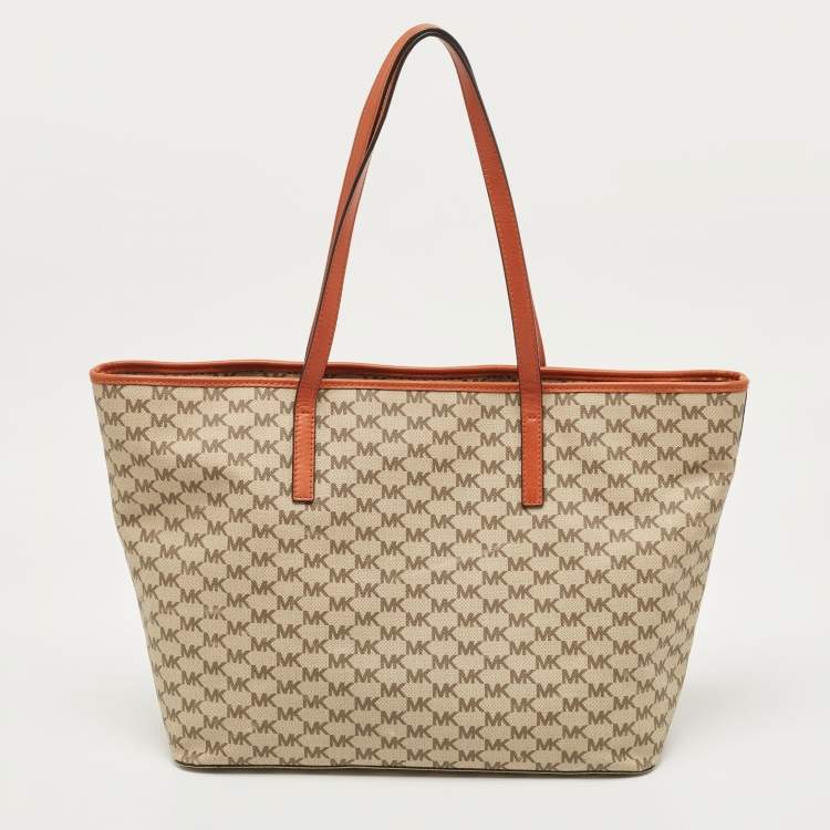 Pre Owned MICHAEL Michael Kors Orange/Beige Signature Emery Tote