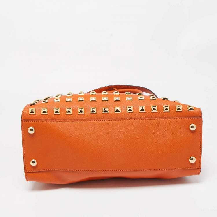 Pre Owned MICHAEL Michael Kors Orange Leather Studded Large North South Hamilton Tote