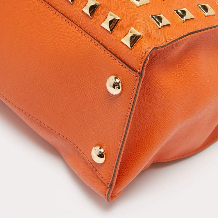 Pre Owned MICHAEL Michael Kors Orange Leather Studded Large North South Hamilton Tote