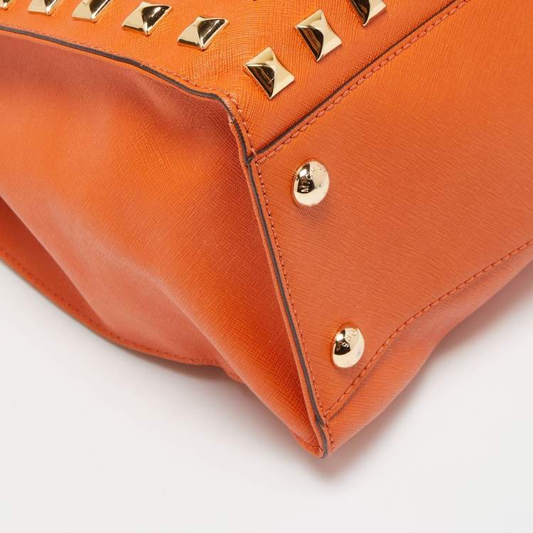 Pre Owned MICHAEL Michael Kors Orange Leather Studded Large North South Hamilton Tote