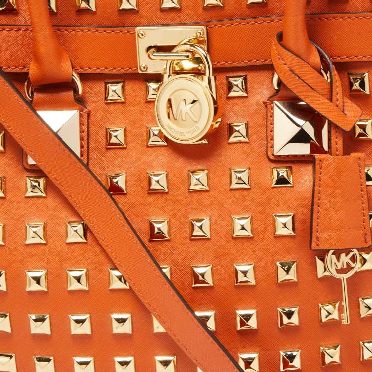 Pre Owned MICHAEL Michael Kors Orange Leather Studded Large North South Hamilton Tote