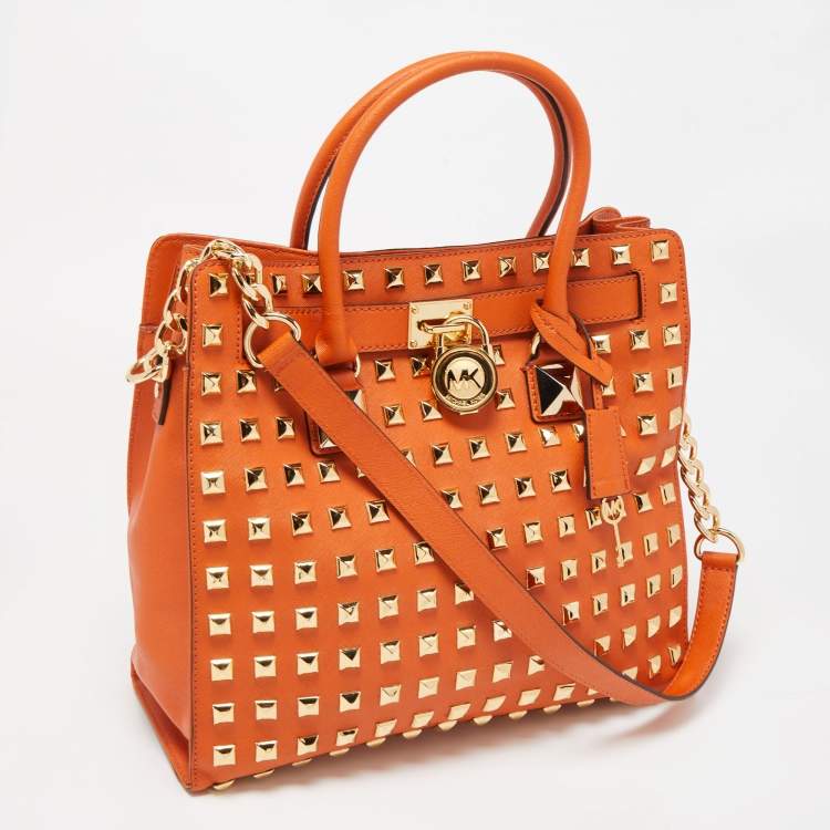 Pre Owned MICHAEL Michael Kors Orange Leather Studded Large North South Hamilton Tote