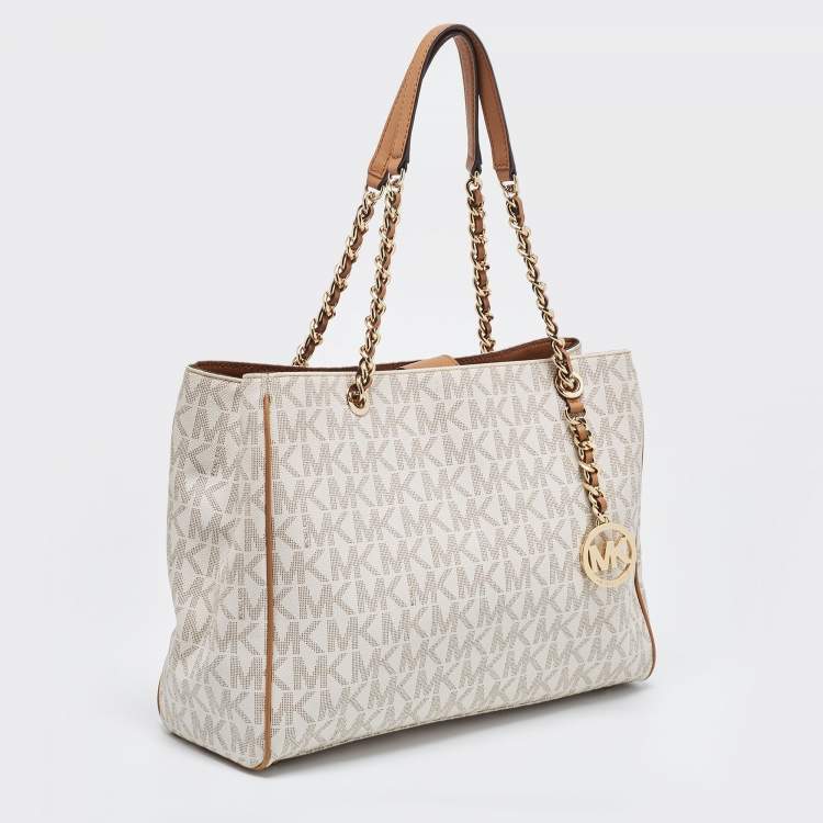 مملوكة مسبقًا MICHAEL Michael Kors White/Brown Signature Coated Canvas and Leather Tote