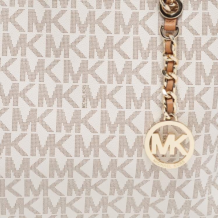 مملوكة مسبقًا MICHAEL Michael Kors White/Brown Signature Coated Canvas and Leather Tote