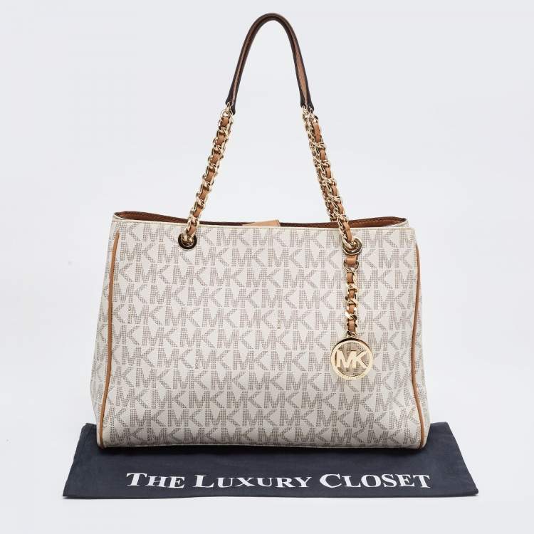 مملوكة مسبقًا MICHAEL Michael Kors White/Brown Signature Coated Canvas and Leather Tote