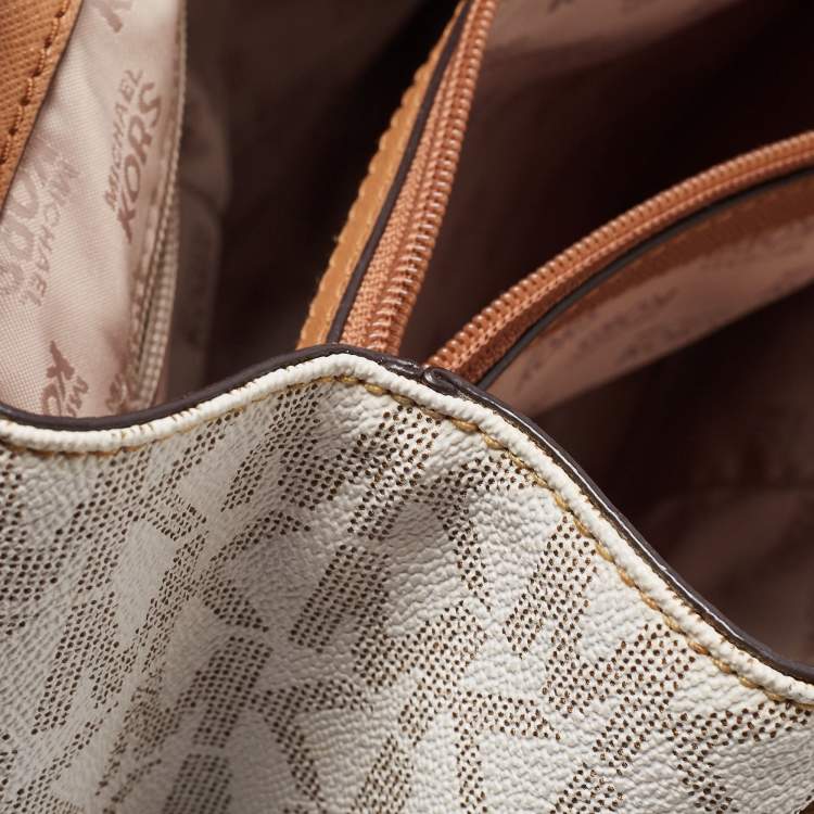 مملوكة مسبقًا MICHAEL Michael Kors White/Brown Signature Coated Canvas and Leather Tote