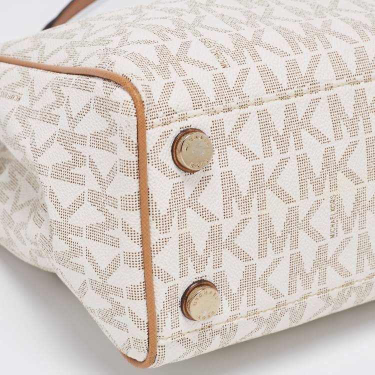 مملوكة مسبقًا MICHAEL Michael Kors White/Brown Signature Coated Canvas and Leather Tote