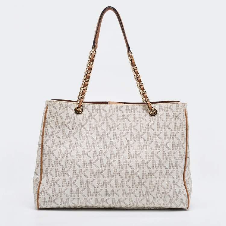 مملوكة مسبقًا MICHAEL Michael Kors White/Brown Signature Coated Canvas and Leather Tote
