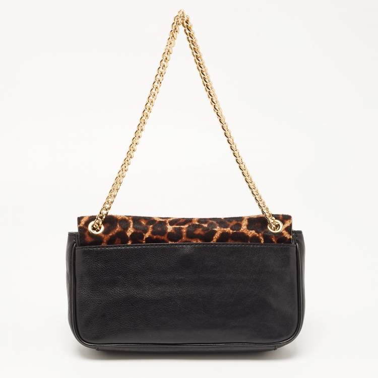Pre Owned MICHAEL Michael Kors Black/Brown Leopard Calfhair and Leather Buckle Flap Shoulder Bag