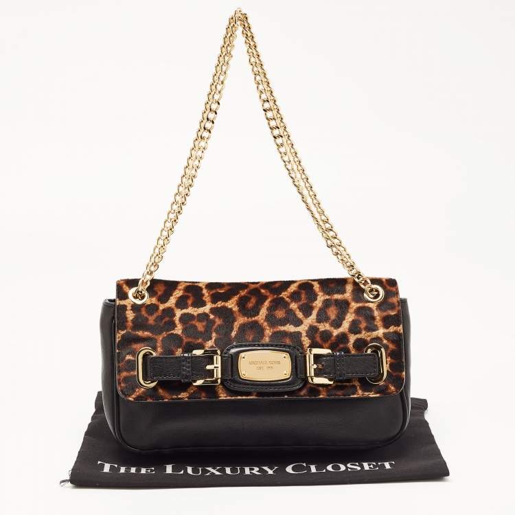 Pre Owned MICHAEL Michael Kors Black/Brown Leopard Calfhair and Leather Buckle Flap Shoulder Bag