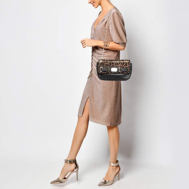 Pre Owned MICHAEL Michael Kors Black/Brown Leopard Calfhair and Leather Buckle Flap Shoulder Bag