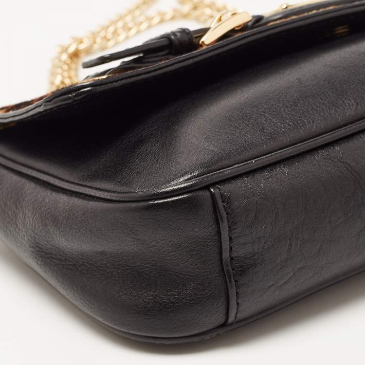 Pre Owned MICHAEL Michael Kors Black/Brown Leopard Calfhair and Leather Buckle Flap Shoulder Bag