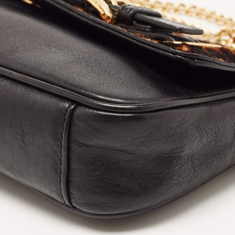 Pre Owned MICHAEL Michael Kors Black/Brown Leopard Calfhair and Leather Buckle Flap Shoulder Bag