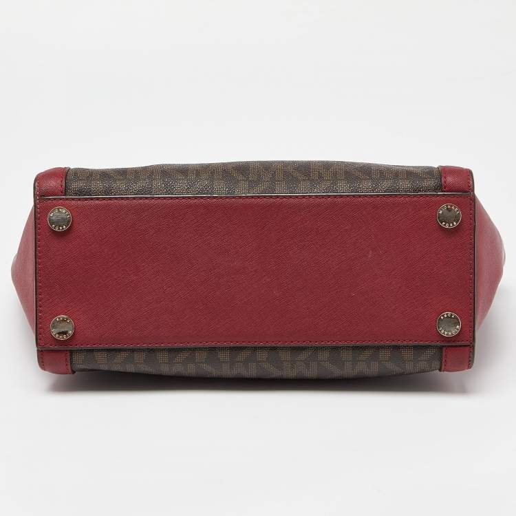 Pre Owned MICHAEL Michael Kors Brown/Red Signature Coated Canvas and Leather Tina Satchel