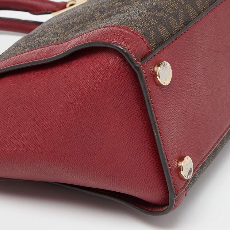 Pre Owned MICHAEL Michael Kors Brown/Red Signature Coated Canvas and Leather Tina Satchel