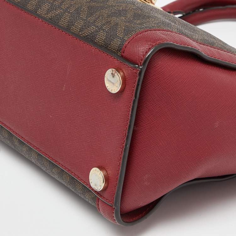 Pre Owned MICHAEL Michael Kors Brown/Red Signature Coated Canvas and Leather Tina Satchel