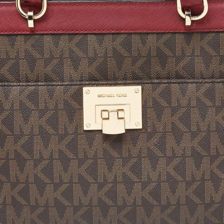 Pre Owned MICHAEL Michael Kors Brown/Red Signature Coated Canvas and Leather Tina Satchel