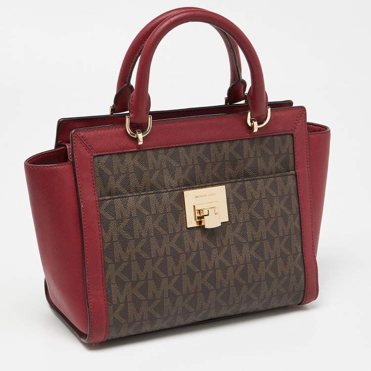 Pre Owned MICHAEL Michael Kors Brown/Red Signature Coated Canvas and Leather Tina Satchel