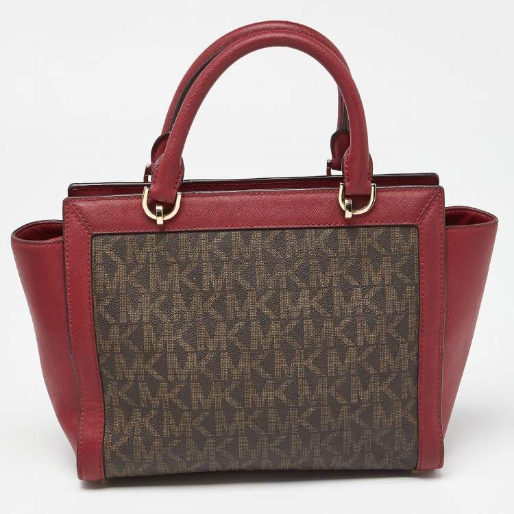 Pre Owned MICHAEL Michael Kors Brown/Red Signature Coated Canvas and Leather Tina Satchel