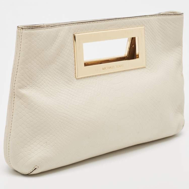 Pre Owned MICHAEL Michael Kors Off-White Snakeskin Embossed Leather Top Handle Frame Clutch